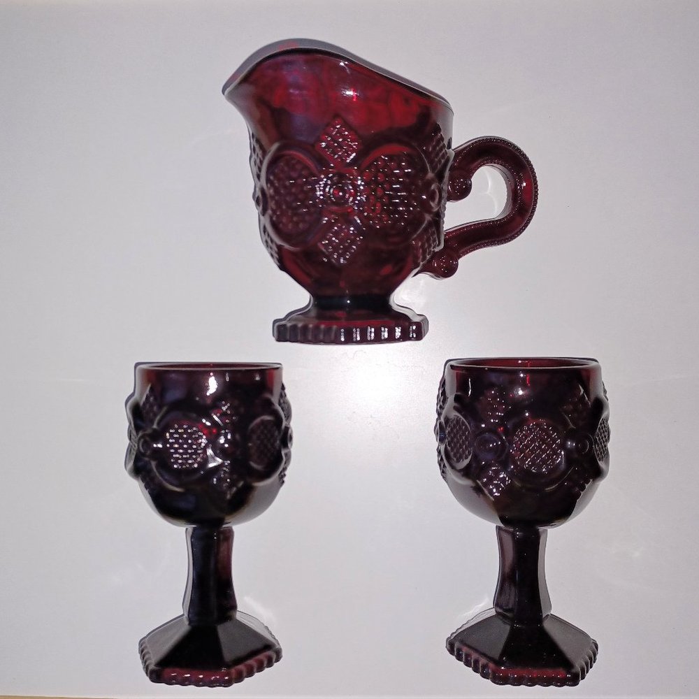 Vintage Avon Cape Cod Collection Ruby Glass 2 Goblets and 1 Creamer 1970s